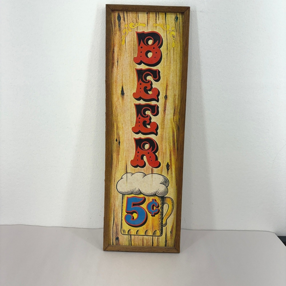 Vintage MCM 70s Beer 5 Cent Wood Frame Wall Sign Retro Man Cave Bar Decor